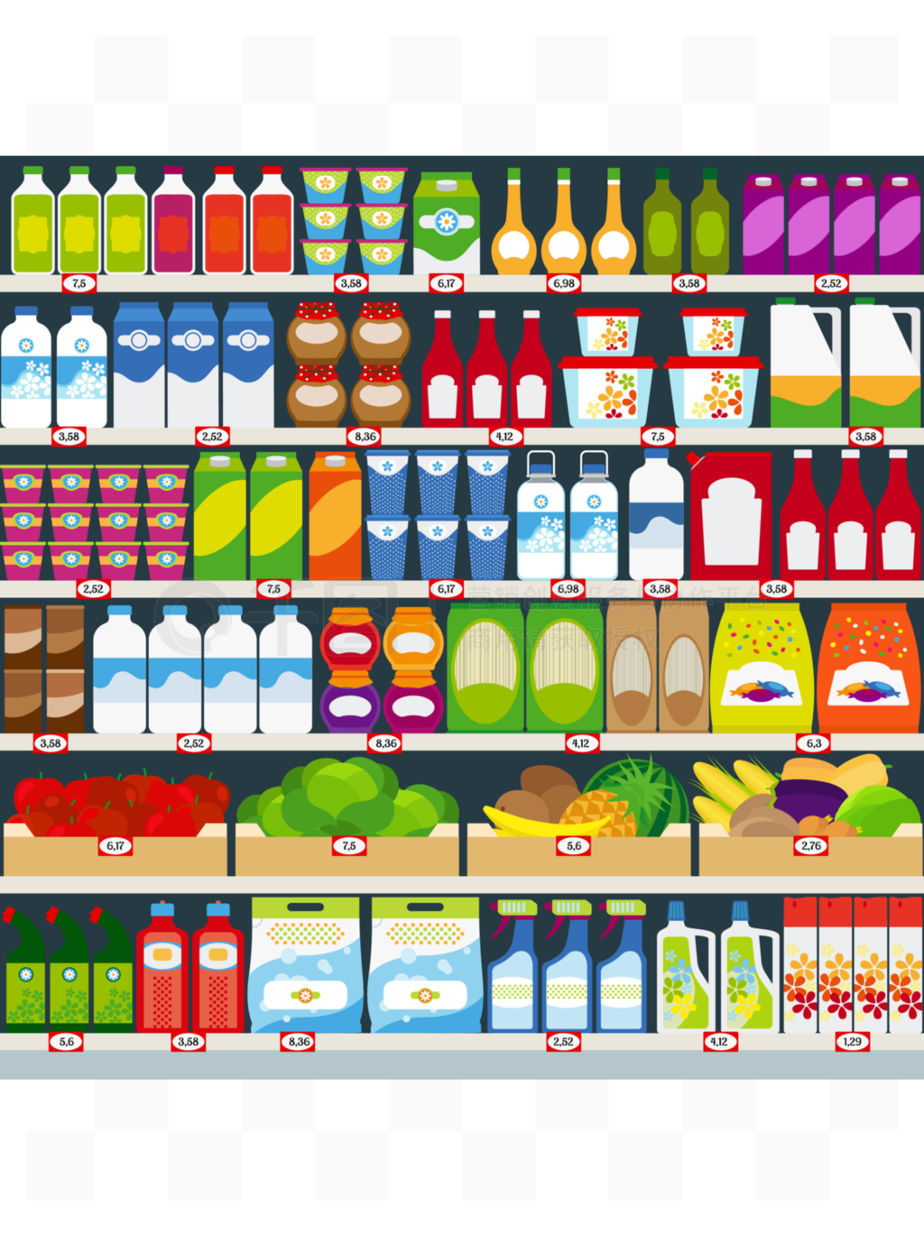 智慧陳列 乳制品、水果與日用化學(xué)品貨架布局的向量化例證